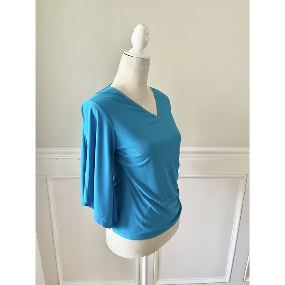 Coco Bianco Flutter Sleeve Blue Surplice Top With Ruched Detail 3/4 Sleeves Smal - Picture 2 of 5